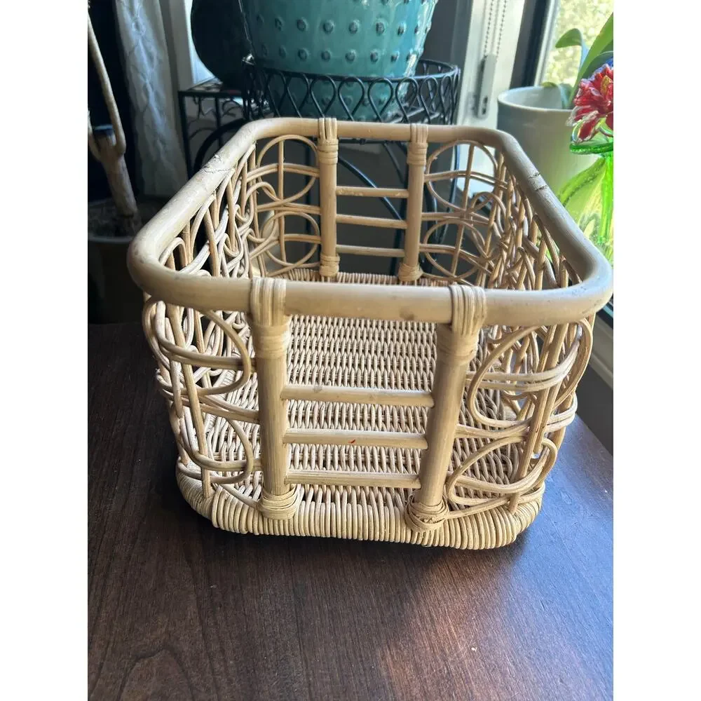 Vintage Wicker Basket Rattan MCM Bamboo Caddy Carrier